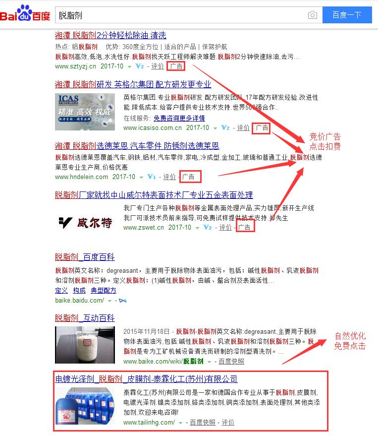 脱脂剂、电镀光泽两个关键词百度快照推广截图