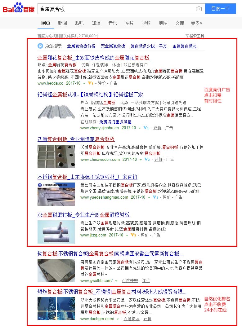 “金属复合板”关键词百度快照优化推广效果，自然优化排名，点击不扣费，24小时在线